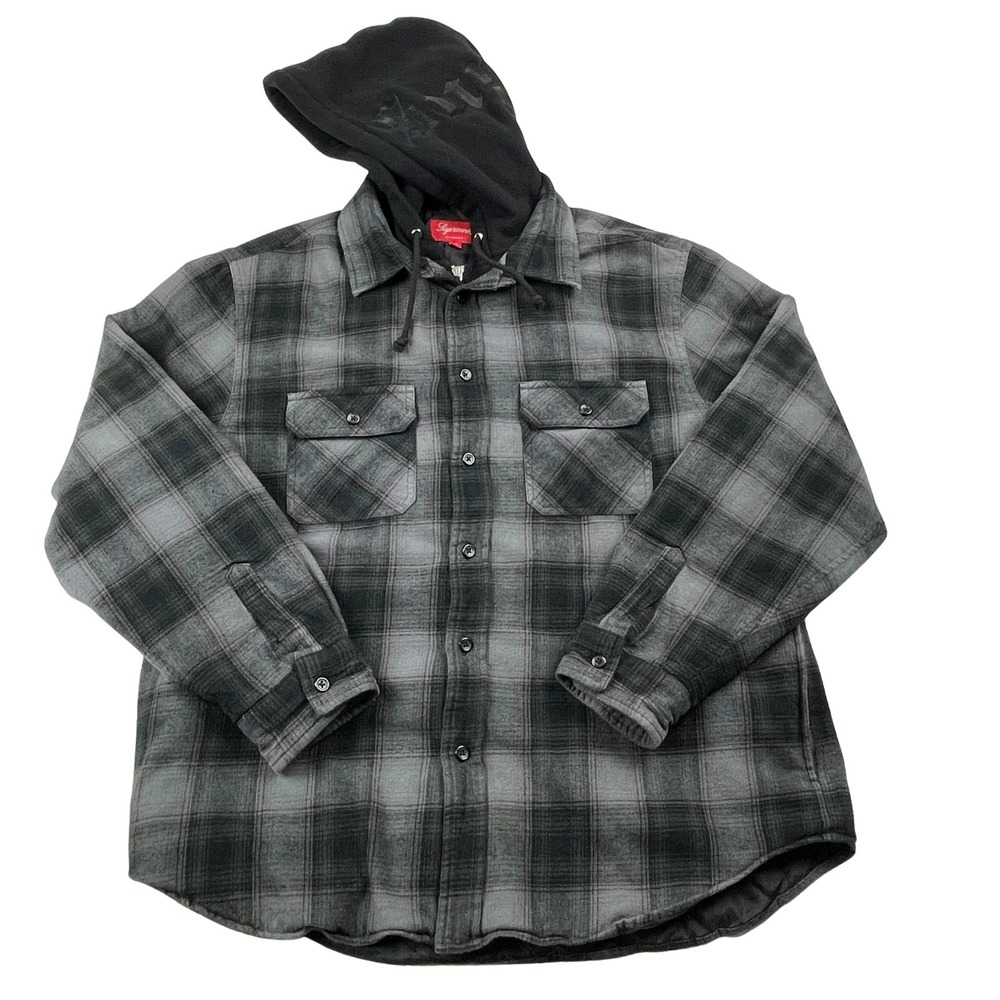 Supreme FW21 Hooded Flannel Zip Up Shirt Jacket Black Grey Plaid Quilted Mens‎ M